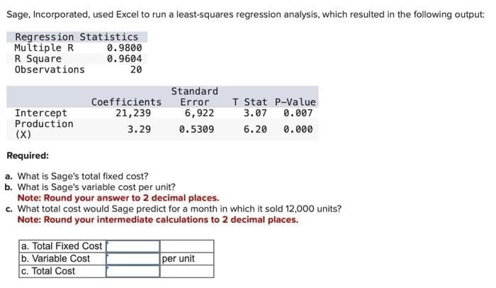 Sage, Incorporated, used Excel to run a least-squares regression analysis, which resulted in the following output:
Regression Statistics
Multiple R
R Square
Observations
Intercept
Production
0.9800
0.9604
20
Coefficients
21,239
3.29
a. Total Fixed Cost
b. Variable Cost
c. Total Cost
Standard
Error
6,922
0.5309
(X)
Required:
a. What is Sage's total fixed cost?
b. What is Sage's variable cost per unit?
Note: Round your answer to 2 decimal places.
c. What total cost would Sage predict for a month in which it sold 12,000 units?
Note: Round your intermediate calculations to 2 decimal places.
T Stat P-Value
3.07 0.007
6.20 0.000
per unit