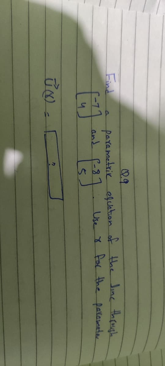 Q9
parametrie efuaton of the Jine through
and f-8
Find
Use Y for the palameter
二
