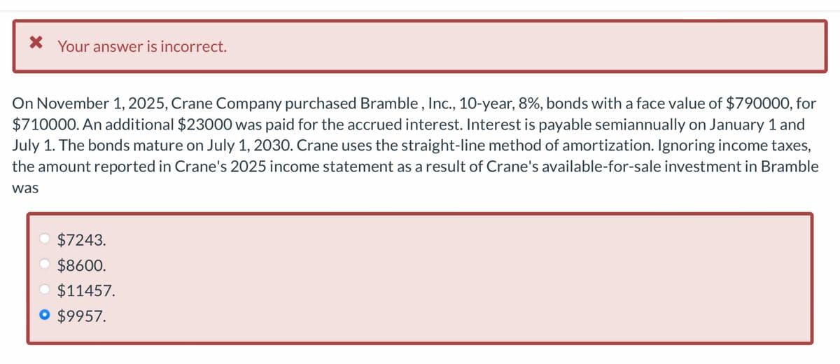 * Your answer is incorrect.
On November 1, 2025, Crane Company purchased Bramble, Inc., 10-year, 8%, bonds with a face value of $790000, for
$710000. An additional $23000 was paid for the accrued interest. Interest is payable semiannually on January 1 and
July 1. The bonds mature on July 1, 2030. Crane uses the straight-line method of amortization. Ignoring income taxes,
the amount reported in Crane's 2025 income statement as a result of Crane's available-for-sale investment in Bramble
was
● $7243.
$8600.
● $11457.
O $9957.