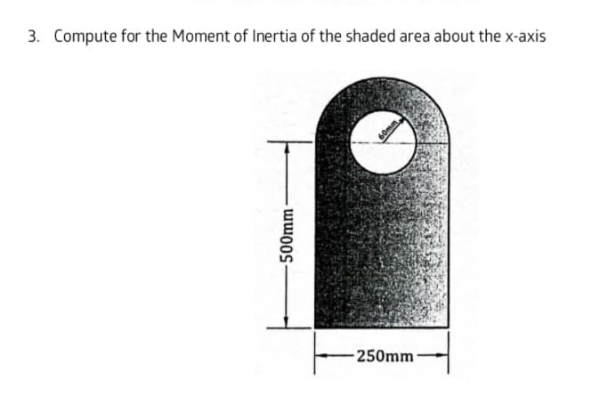 3. Compute for the Moment of Inertia of the shaded area about the x-axis
Omm
-250mm
500mm
