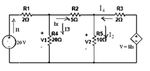 R1
R2
I4
R3
커50
Ix
13
R4
VIS200
20
€ 20
Il
R5.
10
20 V
V2
V= SLx
