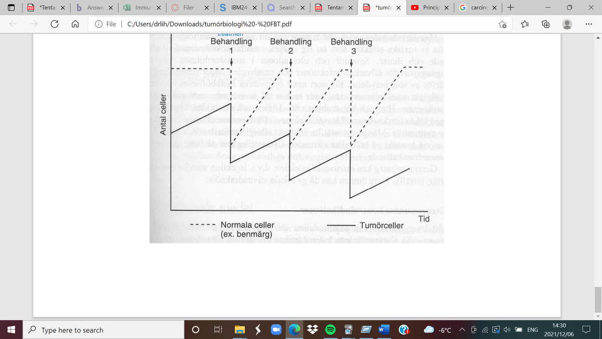 *Tentar X
Answe X
Immun X
Filer
S IBM24 X
Search X
PDF
Tentan X
*tumör X
Princip x G carcinc x
+
PDF
File | C:/Users/drlih/Downloads/tumörbiologi%20-%20FBT.pdf
LI CALTIOIT
Behandling
1
Behandling
2
Behandling
3
uidmol
Tid
Normala celler
(ex. benmärg)
Tumörceller
14:30
O Type here to search
-6°C
ENG
2021/12/06
Antal celler
