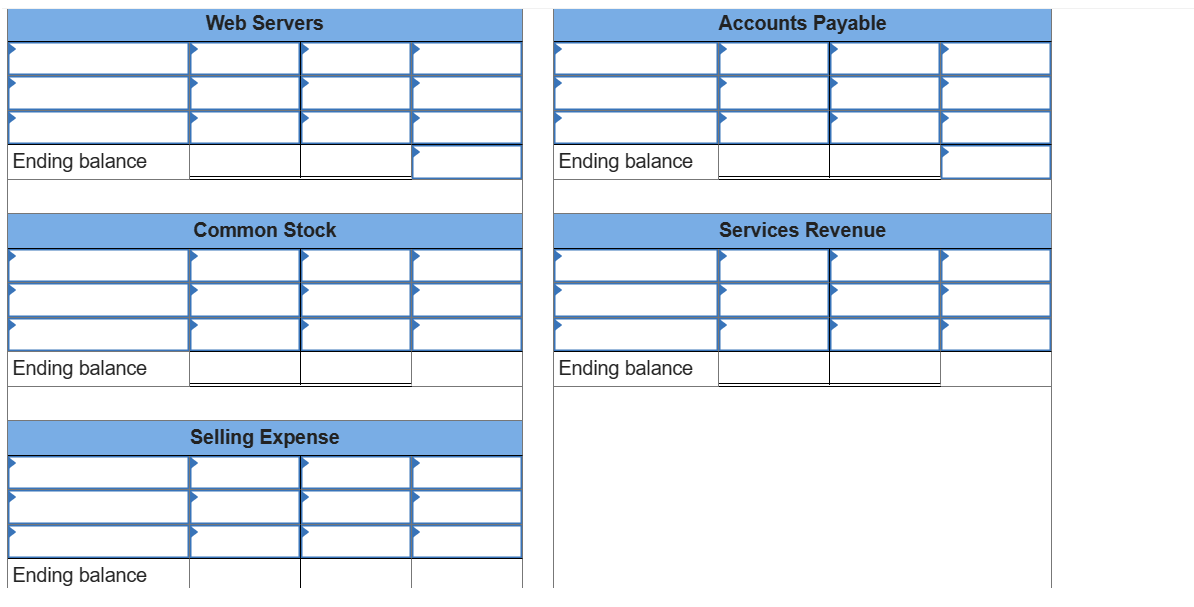 Ending balance
Ending balance
Ending balance
Web Servers
Common Stock
Selling Expense
Ending balance
Ending balance
Accounts Payable
Services Revenue