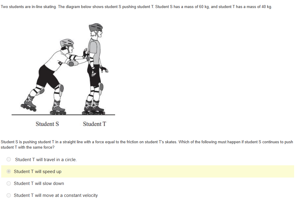 Two students are in-line skating. The diagram below shows student S pushing student T. Student S has a mass of 60 kg, and student T has a mass of 40 kg.
Student S
Student S is pushing student T in a straight line with a force equal to the friction on student T's skates. Which of the following must happen if student S continues to push
student T with the same force?
O Student T will travel in a circle.
Student T will speed up
Student T
O Student T will slow down
O Student T will move at a constant velocity