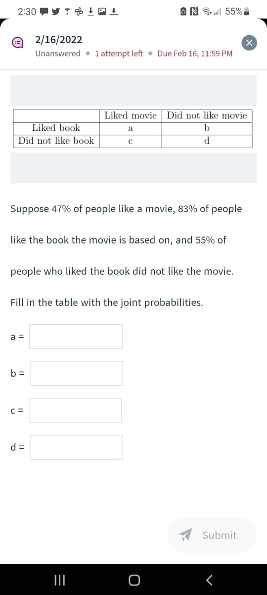 2:30 y T gB t A t
ON 3 all 55%
2/16/2022
Unanswered • 1 attempt left • Due Feb 16, 11:59 PM
Liked movie
Did not like movie
Liked book
a
Did not like book
d.
Suppose 47% of people like a movie, 83% of people
like the book the movie is based on, and 55% of
people who liked the book did not like the movie.
Fill in the table with the joint probabilities.
a =
b =
C =
d =
Submit
II
