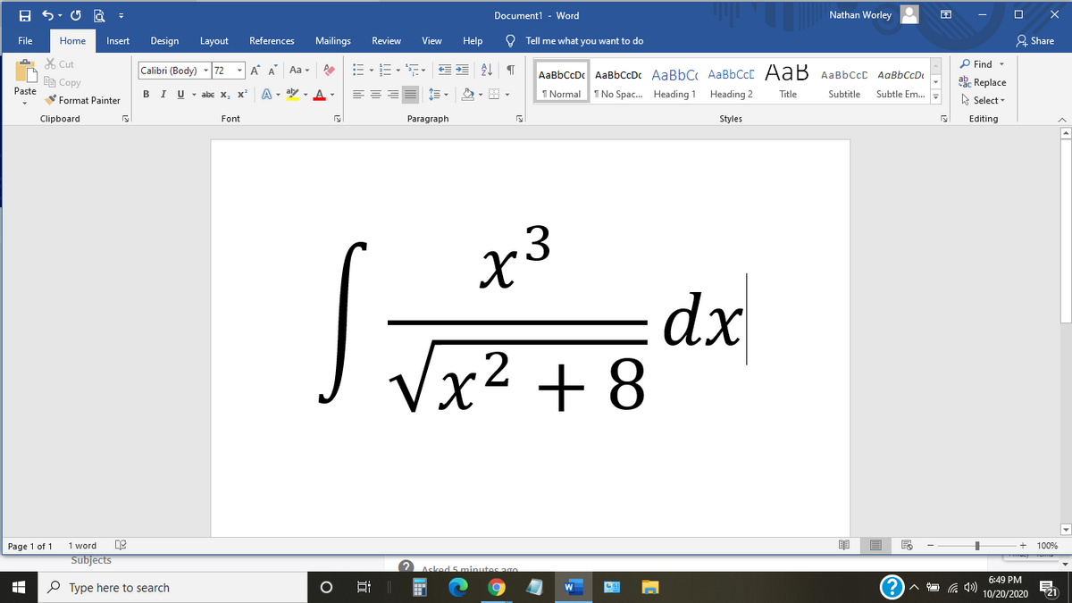 The image contains a mathematical expression in the form of an integral. The expression is displayed as follows:

\[ \int \frac{x^3}{\sqrt{x^2 + 8}} \, dx \]

This integral represents the process of finding the antiderivative of the function \(\frac{x^3}{\sqrt{x^2 + 8}}\) with respect to \(x\). The integral sign \(\int\) indicates the operation of integration. The fraction's numerator is \(x^3\), and the denominator is the square root of the expression \(x^2 + 8\).

This type of integral can be solved using techniques such as substitution or integration by parts, common methods in calculus to find the area under a curve or to solve differential equations.