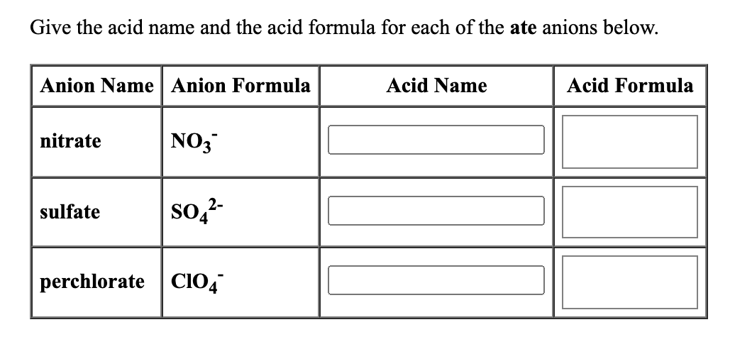 ### Anion and Acid Identification Worksheet

**Instruction:** Provide the acid name and the acid formula for each of the ate anions listed below.

#### Table: Anion and Acid Identification

| **Anion Name** | **Anion Formula** | **Acid Name** | **Acid Formula** |
|----------------|-------------------|---------------|------------------|
| nitrate        | NO₃⁻              |               |                  |
| sulfate        | SO₄²⁻             |               |                  |
| perchlorate    | ClO₄⁻             |               |                  |

### Task:
- **Nitrate (NO₃⁻):**
  - **Acid Name:** 
  - **Acid Formula:**
- **Sulfate (SO₄²⁻):**
  - **Acid Name:** 
  - **Acid Formula:**
- **Perchlorate (ClO₄⁻):**
  - **Acid Name:** 
  - **Acid Formula:**

#### Notes:
- Remember that the name of the acid formed from an anion ending in “-ate” typically replaces the “-ate” suffix with “-ic acid.”
- Provide the correct chemical formula for the respective acids.

#### Example:
- For anions ending in "ate", the corresponding acids generally follow the structure: 
  - Anion with H⁺ ions
  - For example, nitrate (NO₃⁻) becomes nitric acid (HNO₃). 

Use this guide to fill in the acid names and formulas for the given anions. This will help you understand how anions form their corresponding acids for various chemical compounds.