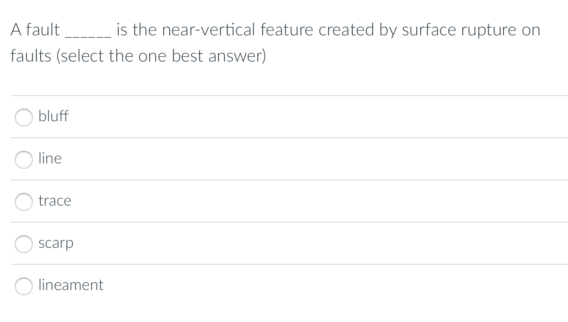 A fault
is the near-vertical feature created by surface rupture on
faults (select the one best answer)
bluff
line
trace
scarp
lineament
