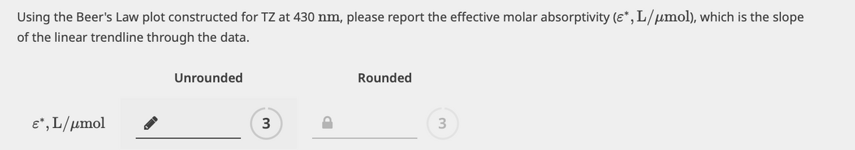 Using the Beer's Law plot constructed for TZ at 430 nm, please report the effective molar absorptivity (ε*, L/μmol), which is the slope
of the linear trendline through the data.
ε*, L/μmol
Unrounded
3
Rounded
3