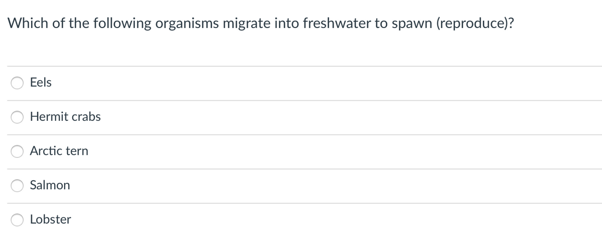 Which of the following organisms migrate into freshwater to spawn (reproduce)?
Eels
Hermit crabs
Arctic tern
Salmon
Lobster
