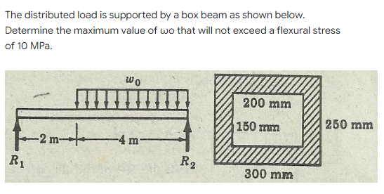 The distributed load is supported by a box beam as shown below.
Determine the maximum value of wo that will not exceed a flexural stress
of 10 MPa.
wo
200 mm
-4 m
R₁
R2
150 mm
300 mm
250 mm