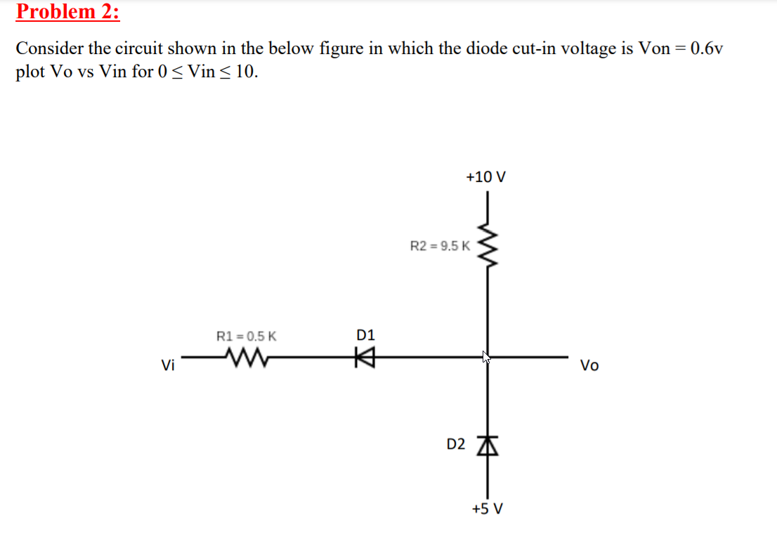 Problem 2:
Consider the circuit shown in the below figure in which the diode cut-in voltage is Von = 0.6v
plot Vo vs Vin for 0 ≤ Vin ≤ 10.
Vi
R1 = 0.5 K
D1
本
+10 V
R2=9.5 K
D2
K
+5 V
Vo