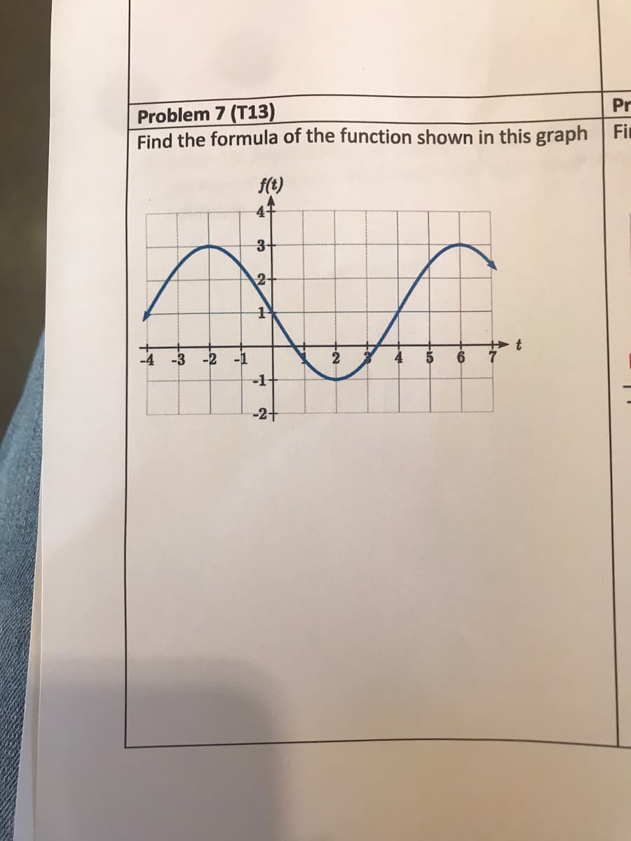 Problem 7 (T13)
Find the formula of the function shown in this graph
f(t)
3
a
2+
1
-3 -2 -1
-1-
H
-2+
4
5
6
+ t
7
Pr
Fi