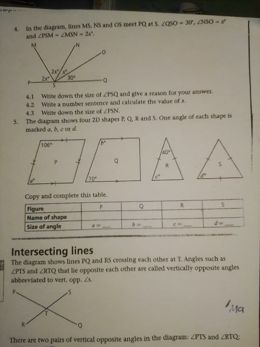 Llaiy
4.
In the diagram, lines MS, NS and OS meet PQ at S. ZQSO 30, ZNSO =x
and ZPSM- ZMSN 2x,
2x/x
30
2x°
Write down the size of ZPSQ and give a reason for your answer.
Write a number sentence and calculate the value of x,
4.1
4.2
4.3
Write down the size of ZPSN.
The diagram shows four 2D shapes P, Q, R and S. One angle of each shape is
marked a, b, e or d.
5.
106
40°
Q
R.
70°
Copy and complete this table.
P.
Q
R.
Figure
Name of shape
Size of angle
Intersecting lines
The diagram shows lines PQ and RS crossing each other at T. Angles such as
ZPTS and ZRTQ that lie opposite each other are called vertically opposite angles
abbreviated to vert. opp. Zs.
Ma
R
Q.
There are two pairs of vertical opposite angles in the diagram: ZPTS and RTQ:
