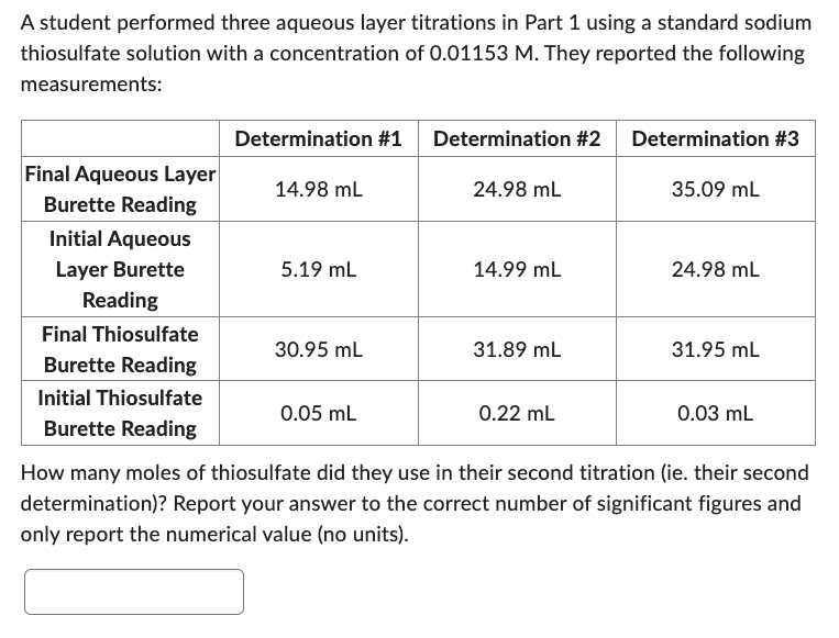 A student performed three aqueous layer titrations in Part 1 using a standard sodium
thiosulfate solution with a concentration of 0.01153 M. They reported the following
measurements:
Final Aqueous Layer
Burette Reading
Initial Aqueous
Layer Burette
Reading
Final Thiosulfate
Burette Reading
Initial Thiosulfate
Burette Reading
Determination #1
14.98 mL
5.19 mL
30.95 mL
0.05 mL
Determination #2 Determination #3
24.98 mL
35.09 mL
14.99 mL
31.89 mL
0.22 mL
24.98 mL
31.95 mL
0.03 mL
How many moles of thiosulfate did they use in their second titration (ie. their second
determination)? Report your answer to the correct number of significant figures and
only report the numerical value (no units).