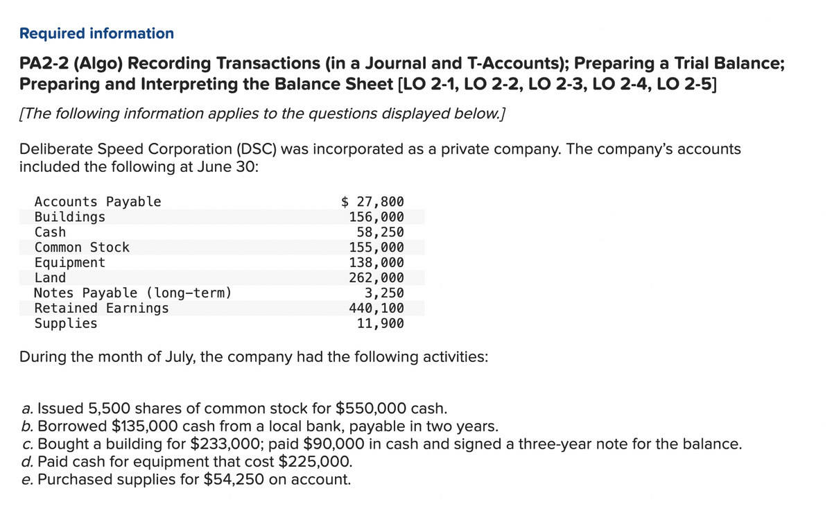 Required information
PA2-2 (Algo) Recording Transactions (in a Journal and T-Accounts); Preparing a Trial Balance;
Preparing and Interpreting the Balance Sheet [LO 2-1, LO 2-2, LO 2-3, LO 2-4, LO 2-5]
[The following information applies to the questions displayed below.]
Deliberate Speed Corporation (DSC) was incorporated as a private company. The company's accounts
included the following at June 30:
Accounts Payable
Buildings
Cash
Common Stock
Equipment
Land
Notes Payable (long-term)
Retained Earnings
Supplies
$ 27,800
156,000
58,250
155,000
138,000
262,000
3,250
440, 100
11,900
During the month of July, the company had the following activities:
a. Issued 5,500 shares of common stock for $550,000 cash.
b. Borrowed $135,000 cash from a local bank, payable in two years.
c. Bought a building for $233,000; paid $90,000 in cash and signed a three-year note for the balance.
d. Paid cash for equipment that cost $225,000.
e. Purchased supplies for $54,250 on account.