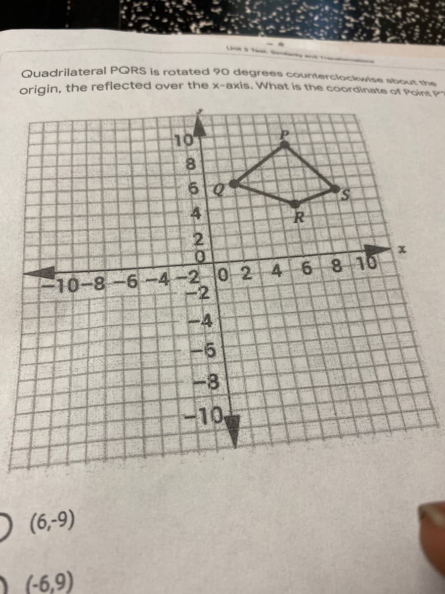 Unit 3 Test Sdary Tran
Quadrilateral PQRS is rotated 90 degrees counterclockwise abour me
origin, the reflected over the x-axis. What is the coordinate of Pont pm
10
6 0
10-8-6-4
-2 02 46
8 10
-8
10
O
(6,-9)
2 (-6,9)
L20
2.
4.
