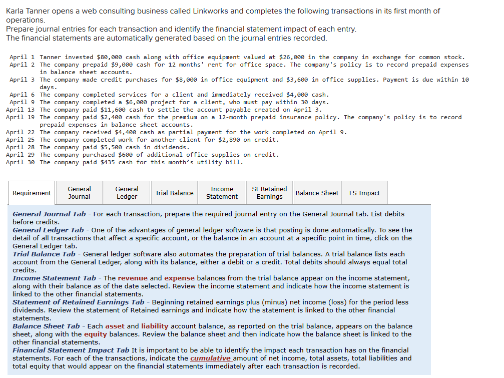 Karla Tanner opens a web consulting business called Linkworks and completes the following transactions in its first month of
operations.
Prepare journal entries for each transaction and identify the financial statement impact of each entry.
The financial statements are automatically generated based on the journal entries recorded.
April 1 Tanner invested $80,000 cash along with office equipment valued at $26,000 in the company in exchange for common stock.
April 2 The company prepaid $9,000 cash for 12 months' rent for office space. The company's policy is to record prepaid expenses
in balance sheet accounts.
April 3 The company made credit purchases for $8,000 in office equipment and $3,600 in office supplies. Payment is due within 10
days.
April 6 The company completed services for a client and immediately received $4,000 cash.
April 9 The company completed a $6,000 project for a client, who must pay within 30 days.
April 13 The company paid $11,600 cash to settle the account payable created on April 3.
April 19 The company paid $2,400 cash for the premium on a 12-month prepaid insurance policy. The company's policy is to record
prepaid expenses in balance sheet accounts.
April 22 The company received $4,400 cash as partial payment for the work completed on April 9.
April 25 The company completed work for another client for $2,890 on credit.
April 28 The company paid $5,500 cash in dividends.
April 29 The company purchased $600 of additional office supplies on credit.
April 30 The company paid $435 cash for this month's utility bill.
Requirement
General
Journal
General
Ledger
Trial Balance
Income St Retained
Statement Earnings
Balance Sheet FS Impact
General Journal Tab - For each transaction, prepare the required journal entry on the General Journal tab. List debits
before credits.
General Ledger Tab - One of the advantages of general ledger software is that posting is done automatically. To see the
detail of all transactions that affect a specific account, or the balance in an account at a specific point in time, click on the
General Ledger tab.
Trial Balance Tab - General ledger software also automates the preparation of trial balances. A trial balance lists each
account from the General Ledger, along with its balance, either a debit or a credit. Total debits should always equal total
credits.
credits.
Income Statement Tab - The revenue and expense balances from the trial balance appear on the income statement,
along
with their balance as of the date selected. Review the income statement and indicate how the income statement is
linked to the other financial statements.
Statement of Retained Earnings Tab - Beginning retained earnings plus (minus) net income (loss) for the period less
dividends. Review the statement of Retained earnings and indicate how the statement is linked to the other financial
statements.
Balance Sheet Tab - Each asset and liability account balance, as reported on the trial balance, appears on the balance
sheet, along with the equity balances. Review the balance sheet and then indicate how the balance sheet is linked to the
other financial statements.
Financial Statement Impact Tab It is important to be able to identify the impact each transaction has on the financial
statements. For each of the transactions, indicate the cumulative amount of net income, total assets, total liabilities and
total equity that would appear on the financial statements immediately after each transaction is recorded.
