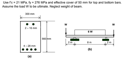 Use f'c = 21 MPa, fy = 276 MPa and effective cover of 50 mm for top and bottom bars.
Assume the load W to be ultimate. Neglect weight of beam.
300 mm
2-16 mm
4-28 mm
(a)
560 mm
W
2 m
6 W
8m
(b)
2 m
W