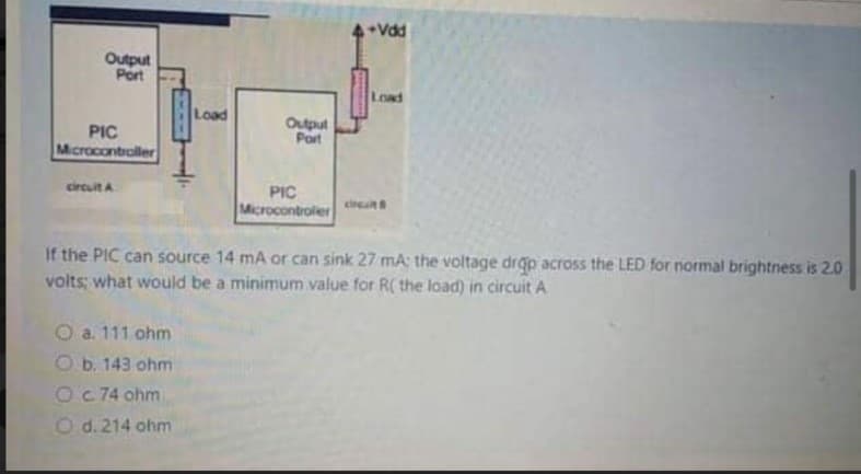 Output
Port
LOad
Load
Output
Port
PIC
Microcontraller
circuit A
PIC
Microcontroler
cireun
If the PIC can source 14 mA or can sink 27 mA: the voltage drap across the LED for normal brightness is 2.0
volts; what would be a minimum value for R( the load) in circuit A
O a. 111 ohm
O b. 143 ohm
Oc 74 ohm
O d. 214 ohm
