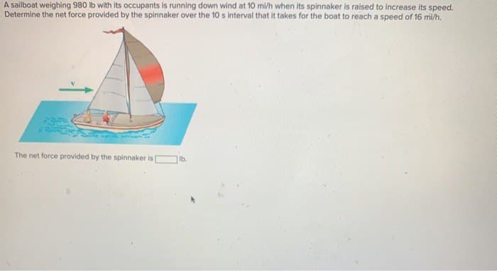 A sailboat weighing 980 lb with its occupants is running down wind at 10 mi/h when its spinnaker is raised to increase its speed.
Determine the net force provided by the spinnaker over the 10 s interval that it takes for the boat to reach a speed of 16 mi/h.
The net force provided by the spinnaker is [
lb.