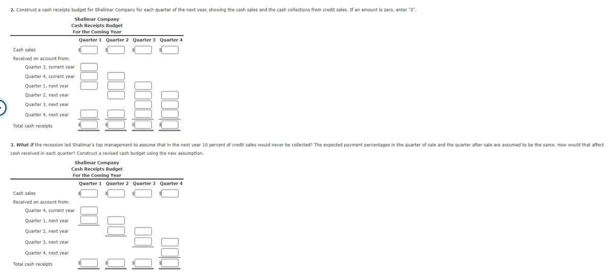 2. Construct a cash receipts budget for Shalimar Company for each quarter of the next year, showing the cash sales and the cash collections from credit sales. If an amount is zero, enter "0".
Shalimar Company
Cash Receipts Budget
For the Coming Year
Quarter 1 Quarter 2 Quarter 3 Quarter 4
Cash sales
Received on account from:
Quarter 3, current year
Quarter 4, current year
Quarter
next year
Quarter 2, next year
Quarter 3, next year
Quarter 4, next year
Total cash receipts
3. What if the recession led Shalimar's top management to assume that in the next year 10 percent of credit sales would never be collected? The expected payment percentages in the quarter of sale and the quarter after sale are assumed to be the same. How would that affect
cash received in each quarter? Construct a revised cash budget using the new assumption.
Shalimar Company
Cash Receipts Budget
For the Coming Year
Quarter 1 Quarter 2 Quarter 3 Quarter 4
Cash sales
Received on account from:
Quarter 4, current year
Quarter 1, next year
Quarter 2, next year
Quarter 3, next year
Quarter 4, next year
Total cash receipts
