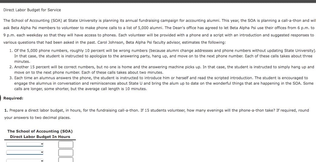 Direct Labor Budget for Service
The School of Accounting (SOA) at State University is planning its annual fundraising campaign for accounting alumni. This year, the SOA is planning a call-a-thon and will
ask Beta Alpha Psi members to volunteer to make phone calls to a list of 5,000 alumni. The Dean's office has agreed to let Beta Alpha Psi use their offices from 6 p.m. to
9 p.m. each weekday so that they will have access to phones. Each volunteer will be provided with a phone and a script with an introduction and suggested responses to
various questions that had been asked in the past. Carol Johnson, Beta Alpha Psi faculty advisor, estimates the following:
1. Of the 5,000 phone numbers, roughly 10 percent will be wrong numbers (because alumni change addresses and phone numbers without updating State University)
In that case, the student is instructed to apologize to the answering party, hang up, and move on to the next phone number. Each of these calls takes about three
minutes.
2. Another 15 percent will be correct numbers, but no one is home and the answering machine picks up. In that case, the student is instructed to simply hang up and
move on to the next phone number. Each of these calls takes about two minutes.
3. Each time an alumnus answers the phone, the student is instructed to introduce him or herself and read the scripted introduction. The student is encouraged to
engage the alumnus in conversation and reminiscences about State U and bring the alum up to date on the wonderful things that are happening in the SOA. Some
calls are longer, some shorter, but the average call length is 10 minutes.
Required:
1. Prepare a direct labor budget, in hours, for the fundraising call-a-thon. If 15 students volunteer, how many evenings will the phone-a-thon take? If required, round
your answers to two decimal places.
The School of Accounting (SOA)
Direct Labor Budget In Hours