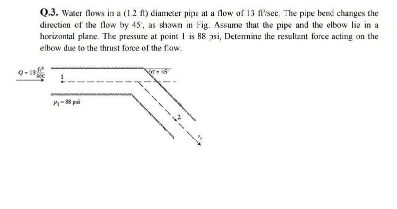 Q.3. Water flows in a (1.2 ft) diameter pipe at a flow of 13 ff/sec. The pipe bend changes the
direction of the flow by 45, as shown in Fig. Assume that the pipe and the elbow lie in a
horizontal plane. The pressure at point 1 is 88 psi, Determine the resultant force acting on the
elbow due to the thrust force of the flow.
Q= 13
P= 88 psi
