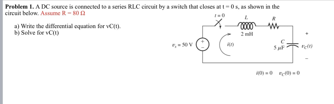 Problem 1. A DC source is connected to a series RLC circuit by a switch that closes at t = 0 s, as shown in the
circuit below. Assume R = 80
t=0
a) Write the differential equation for vC(t).
b) Solve for vC(t)
L
R
0000
w
2 mH
V₁ = 50 V
i(t)
с
5 μF
vc(t)
i(0) = 0
vc(0) = 0