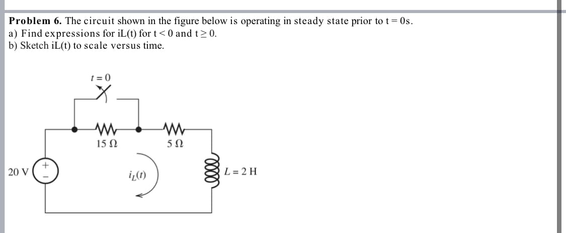 Problem 6. The circuit shown in the figure below is operating in steady state prior to t=0s.
a) Find expressions for iL(t) for t< 0 and t≥0.
b) Sketch iL(t) to scale versus time.
20 V (±
t=0
☑
www
15 Ω
iz(t)
www
50
0000
L=2H