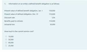 1. Information on an entity's defined benefit obligation is as follows
Present value of defined benefit obligation, lan 1
130,000
Present value of defined obligation, Dec. 31
110,600
Discount rate
12%
Benefits paid to retirees
110,000
Actuarial loss
50,000
How much is the current service cost?
O r000
O s000
O B0,000
O 25,000
