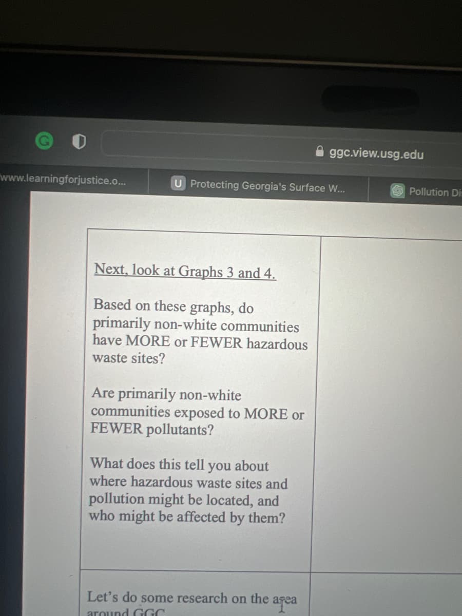 www.learningforjustice.....
U Protecting Georgia's Surface W...
Next, look at Graphs 3 and 4.
Based on these graphs, do
primarily non-white communities
have MORE or FEWER hazardous
waste sites?
Are primarily non-white
communities exposed to MORE or
FEWER pollutants?
What does this tell you about
where hazardous waste sites and
pollution might be located, and
who might be affected by them?
ggc.view.usg.edu
Let's do some research on the afea
around GGC
Pollution Dis