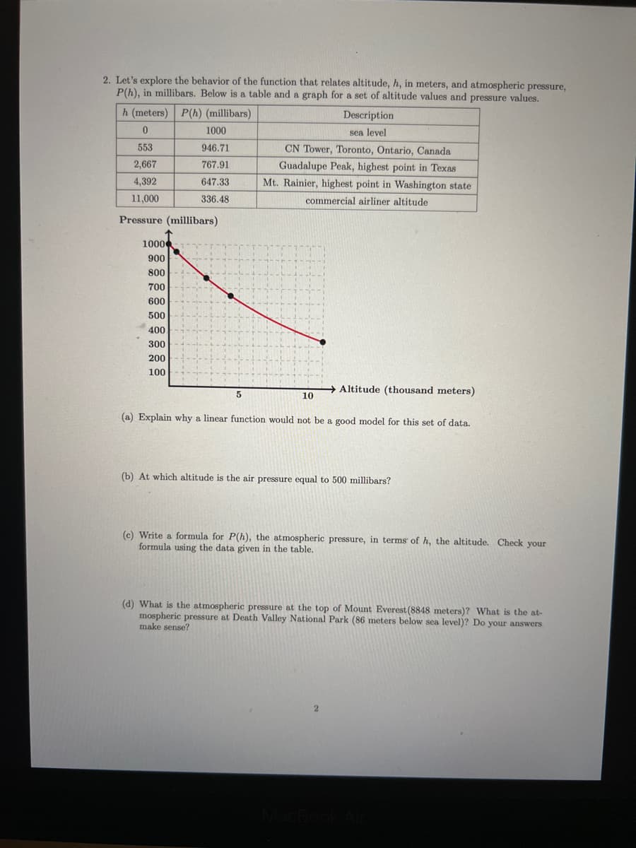 2. Let's explore the behavior of the function that relates altitude, h, in meters, and atmospheric pressure,
P(h), in millibars. Below is a table and a graph for a set of altitude values and pressure values.
h (meters) P(h) (millibars)
Description
1000
sea level
553
946.71
CN Tower, Toronto, Ontario, Canada
Guadalupe Peak, highest point in Texas
2,667
767.91
4,392
647.33
Mt. Rainier, highest point in Washington state
11,000
336.48
commercial airliner altitude
Pressure (millibars)
1000
900
800
700
600
500
400
300
200
100
Altitude (thousand meters)
10
(a) Explain why a linear function would not be a good model for this set of data.
(b) At which altitude is the air pressure equal to 500 millibars?
(c) Write a formula for P(h), the atmospheric pressure, in terms of h, the altitude. Check your
formula using the data given in the table.
(d) What is the atmospheric pressure at the top of Mount Everest (8848 meters)? What is the at-
mospheric pressure at Death Valley National Park (86 meters below sea level)? Do your answers
make sense?
