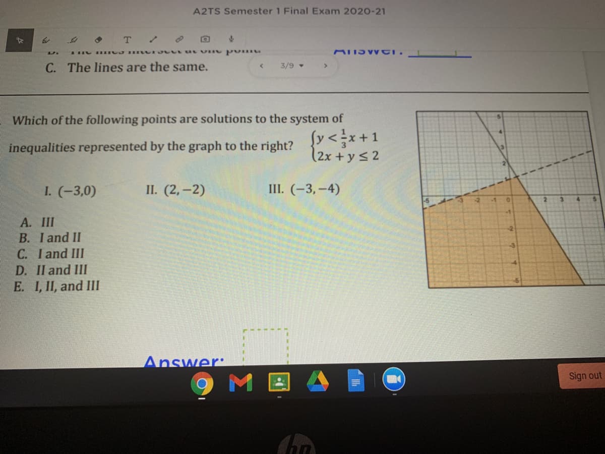 A2TS Semester 1 Final Exam 2020-21
C. The lines are the same.
3/9
Which of the following points are solutions to the system of
inequalities represented by the graph to the right?
2x + y < 2
I. (-3,0)
II. (2,-2)
III. (-3,-4)
-2
2.
3.
4.
A. III
B. I and II
C. I and III
D. II and III
E. I, II, and III
Answer:
Sign out
