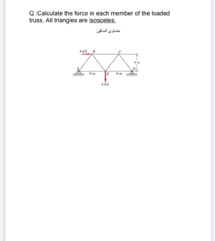 Q:Calculate the force in each member of the loaded
truss. All triangles are isosceles.
متساوي الساقين
6 kN B
6m
6 m
8 KN
