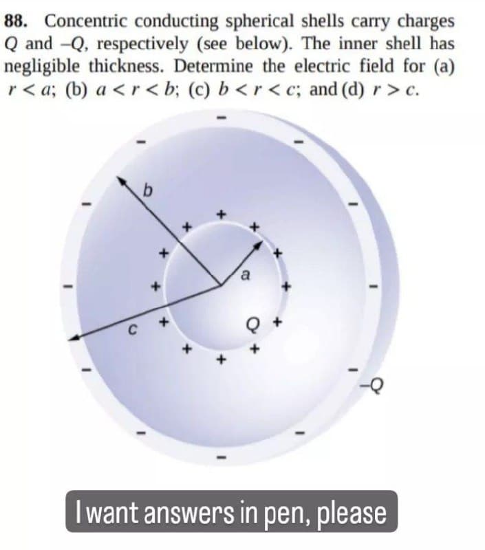 88. Concentric conducting spherical shells carry charges
Q and -Q, respectively (see below). The inner shell has
negligible thickness. Determine the electric field for (a)
r<a; (b) a <r<b; (c) b <r<c; and (d) r > c.
C
b
a
9
I want answers in pen, please