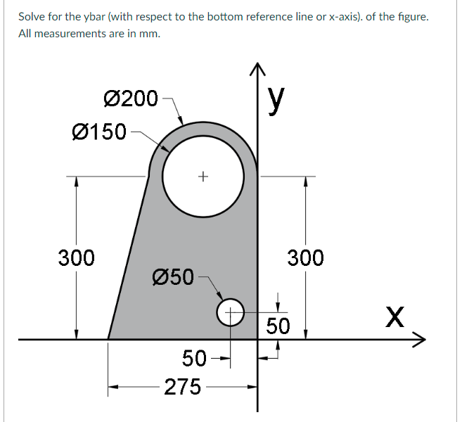 Solve for the ybar (with respect to the bottom reference line or x-axis). of the figure.
All measurements are in mm.
Ø200
y
Ø150
300
300
Ø50
50
50-
275
