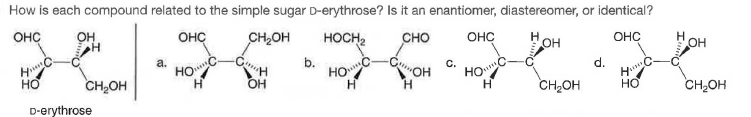 How is each compound related to the simple sugar D-erythrose? Is it an enantiomer, diastereomer, or identical?
онс
H
онс
CH2OH
HOCH,
сно
ОНС
OHC
он
OH
a.
b.
C.
d.
HO
HOC
CH,OH
HOC
OH
H.
CH2OH
CH2OH
D-erythrose
