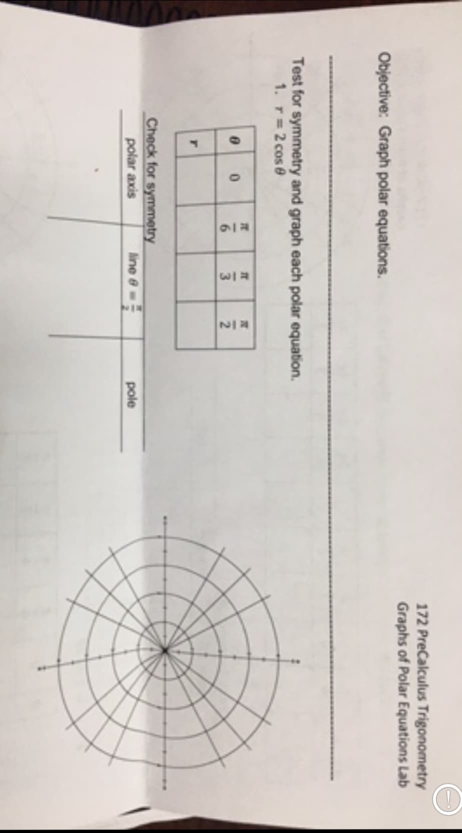 W/3
N/24
172 PreCalculus Trigonometry
Graphs of Polar Equations Lab
Objective: Graph polar equations.
Test for symmetry and graph each polar equation.
1. r= 2 cos e
Check for symmetry
polar axis
line e
pole
