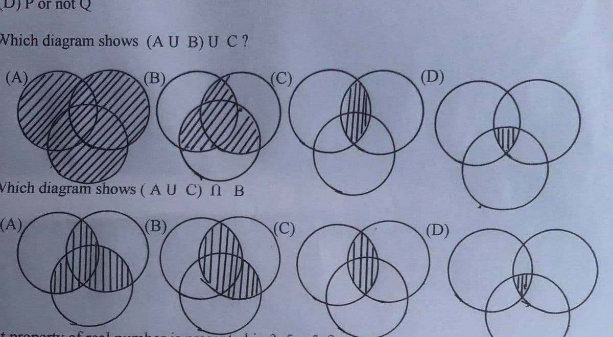 or not Q
Which diagram shows (A U B) U C?
(A)
(B)
(C)
(D)
Vhich diagram shows (A U C) N B
(A)
(B)
(D)
mortrr
