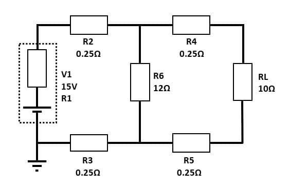 R2
0.250
V1
15V
R1
R3
0.250
R6
120
R4
0.250
R5
0.250
RL
10Ω