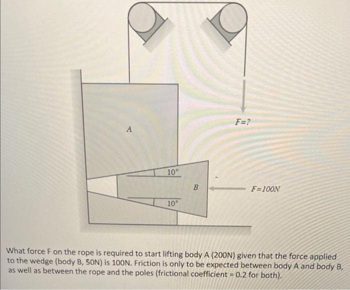 F=?
A
10°
F=100N
10
What force F on the rope is required to start lifting body A (200N) given that the force applied
to the wedge (body B, 50N) is 100N. Friction is only to be expected between body A and body B,
as well as between the rope and the poles (frictional coefficient = 0.2 for both).
