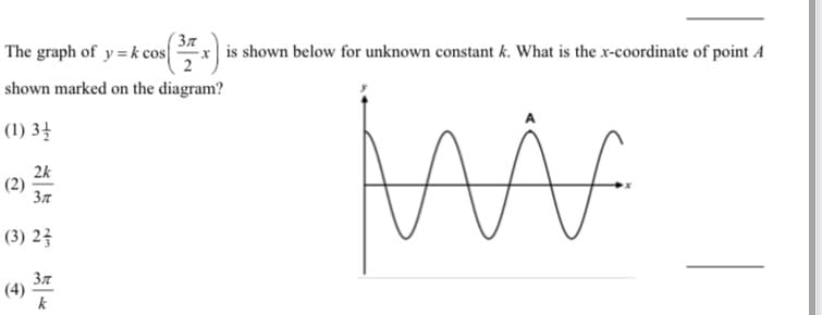 37
The graph of y = k cos
is shown below for unknown constant k. What is the x-coordinate of point A
shown marked on the diagram?
(1) 34
2k
(2)
Зл
(3) 23
37
(4)
k
