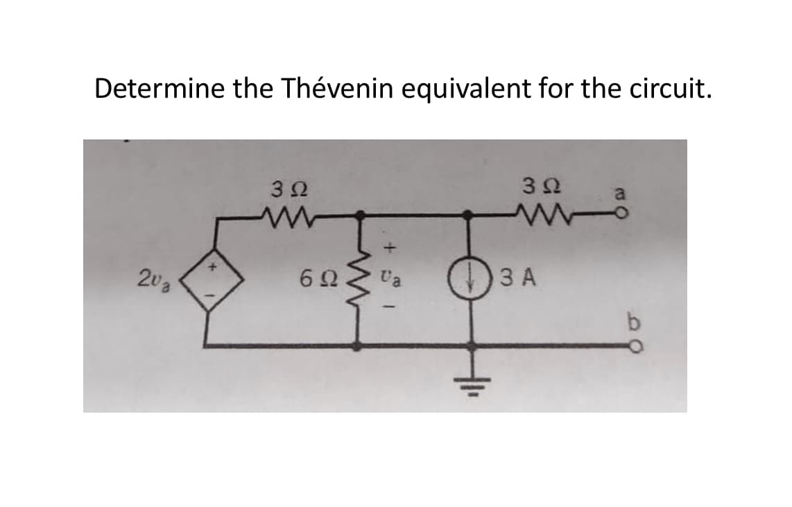 Determine the Thévenin equivalent for the circuit.
20g
3Ω
6Ω
Va
Μ
3Ω
3 Α
a
b