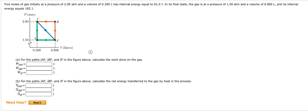 Five moles of gas initially at a pressure of 2.00 atm and a volume of 0.300 L has internal energy equal to 91.0 J. In its final state, the gas is at a pressure of 1.50 atm and a volume of 0.800 L, and its internal
energy equals 182 J.
P (atm)
2.00
B
1.50
V (liters)
0.300
0.800
(a) For the paths IAF, IBF, and IF in the figure above, calculate the work done on the gas.
WIAF=
W IBF=
WIF =
(b) For the paths IAF, IBF, and IF in the figure above, calculate the net energy transferred to the gas by heat in the process.
QIAF=
QIBF=|
Need Help?
Read It
