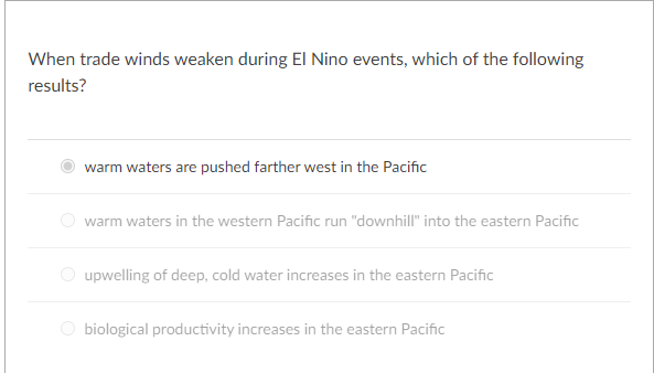 **Question:**

When trade winds weaken during El Nino events, which of the following results?

**Answers:**

- **(Selected option)** warm waters are pushed farther west in the Pacific

- warm waters in the western Pacific run "downhill" into the eastern Pacific

- upwelling of deep, cold water increases in the eastern Pacific

- biological productivity increases in the eastern Pacific

This image represents a multiple-choice question regarding the effects of El Nino events on oceanic conditions. It highlights various possible outcomes when trade winds weaken, specifically focusing on the movement and impact on water temperatures in the Pacific Ocean. The selected answer indicates that during El Nino events, warm waters are pushed farther west in the Pacific Ocean.