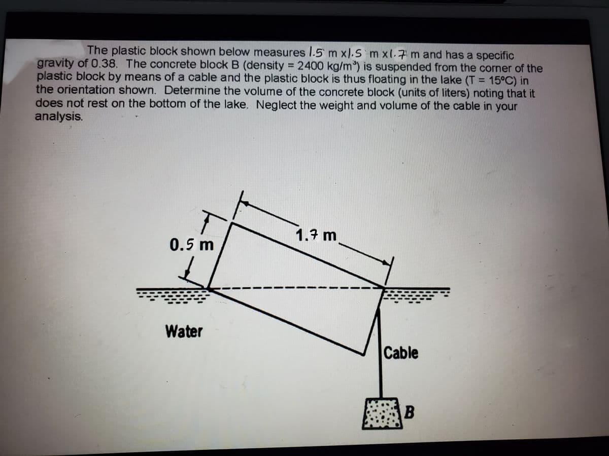 The plastic block shown below measures l.5 m x/.S m x(.7 m and has a specific
gravity of 0.38. The concrete block B (density = 2400 kg/m) is suspended from the corner of the
plastic block by means of a cable and the plastic block is thus floating in the lake (T = 15°C) in
the orientation shown. Determine the volume of the concrete block (units of liters) noting that it
does not rest on the bottom of the lake, Neglect the weight and volume of the cable in your
analysis.
%3D
%3D
1.7 m
0.5m
Water
Cable
B
