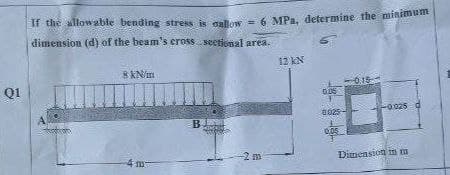 Q1
If the allowable bending stress is allow = 6 MPa, determine the minimum
dimension (d) of the beam's cross sectional area.
12 kN
8 kN/m
0.15-
-0025 d
B.
4 m
0.05
0025
0.05
Dimension in m