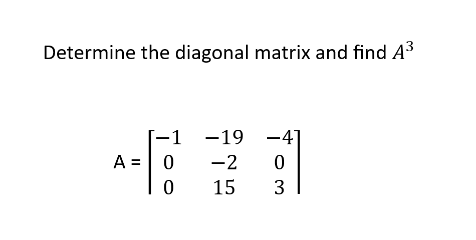 Determine the diagonal matrix and find A³
-1 -19 -4]
-2
0
15
3
A = 0
0