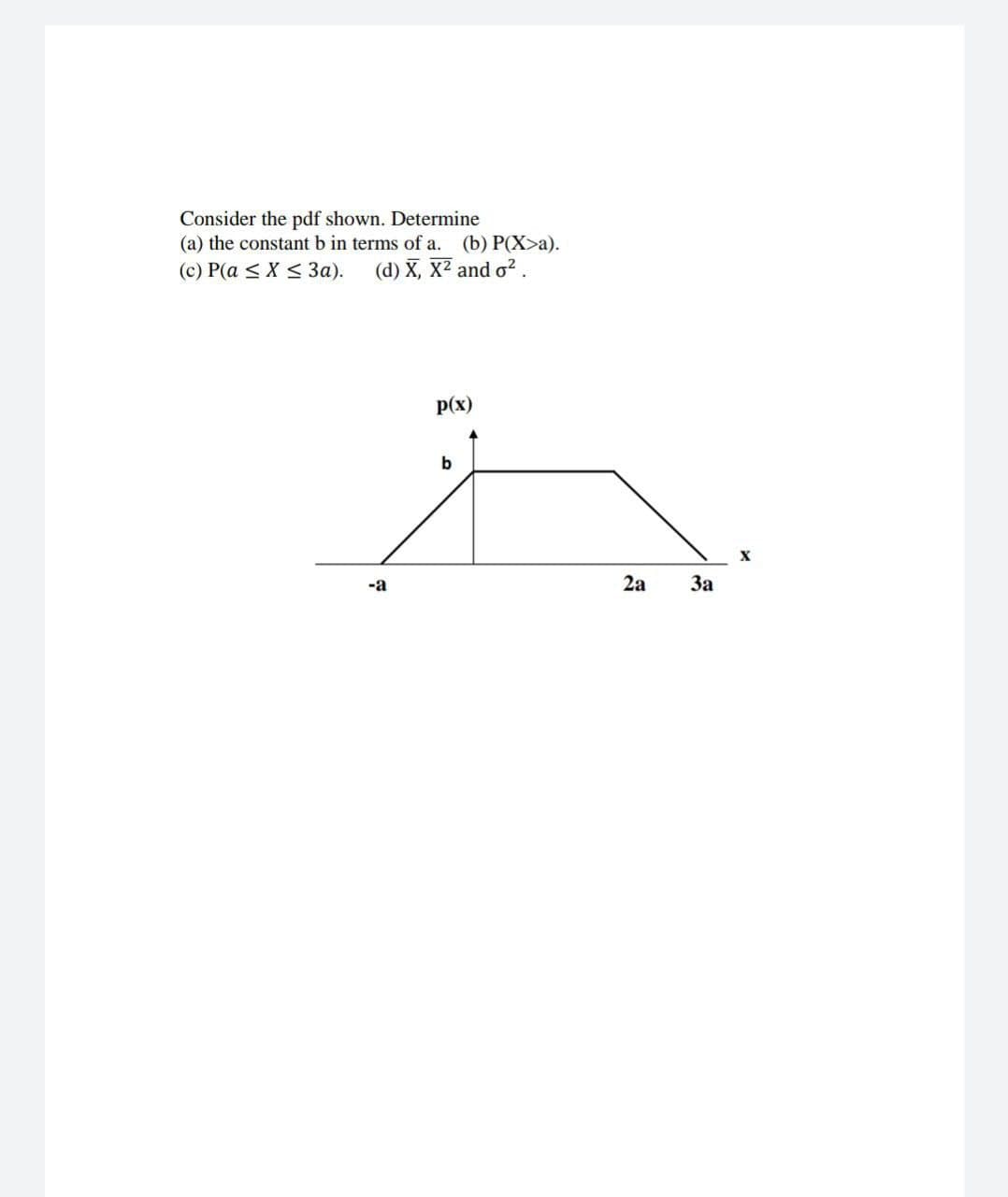 Consider the pdf shown. Determine
(a) the constant b in terms of a. (b) P(X>a).
(d) X, X2 and o2
(c) P(a <X < 3a).
p(x)
b
-a
2a
За
